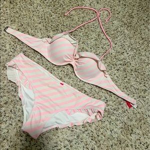 Victoria’s Secret Pink and white stripes ruffle bikini